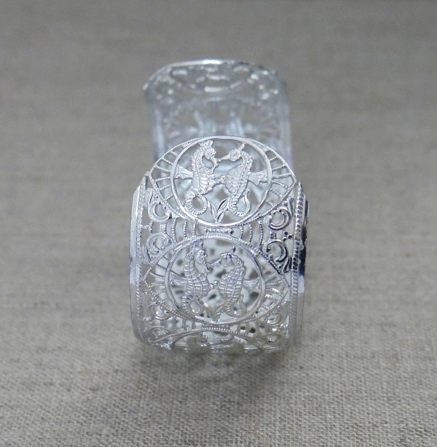 Vintage West Germany Eloxal Aluminum Cuff Bracelet - Silver Tone Seahorse Filigree Bangle