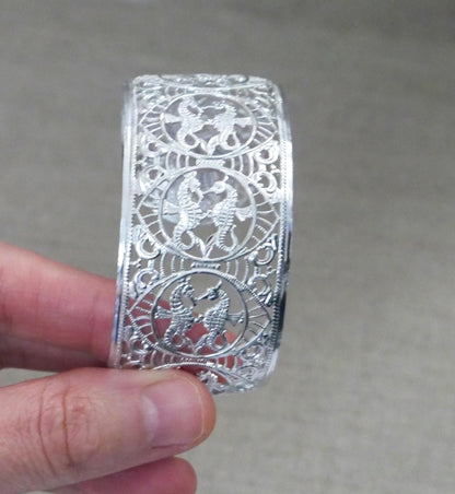 Vintage West Germany Eloxal Aluminum Cuff Bracelet - Silver Tone Seahorse Filigree Bangle