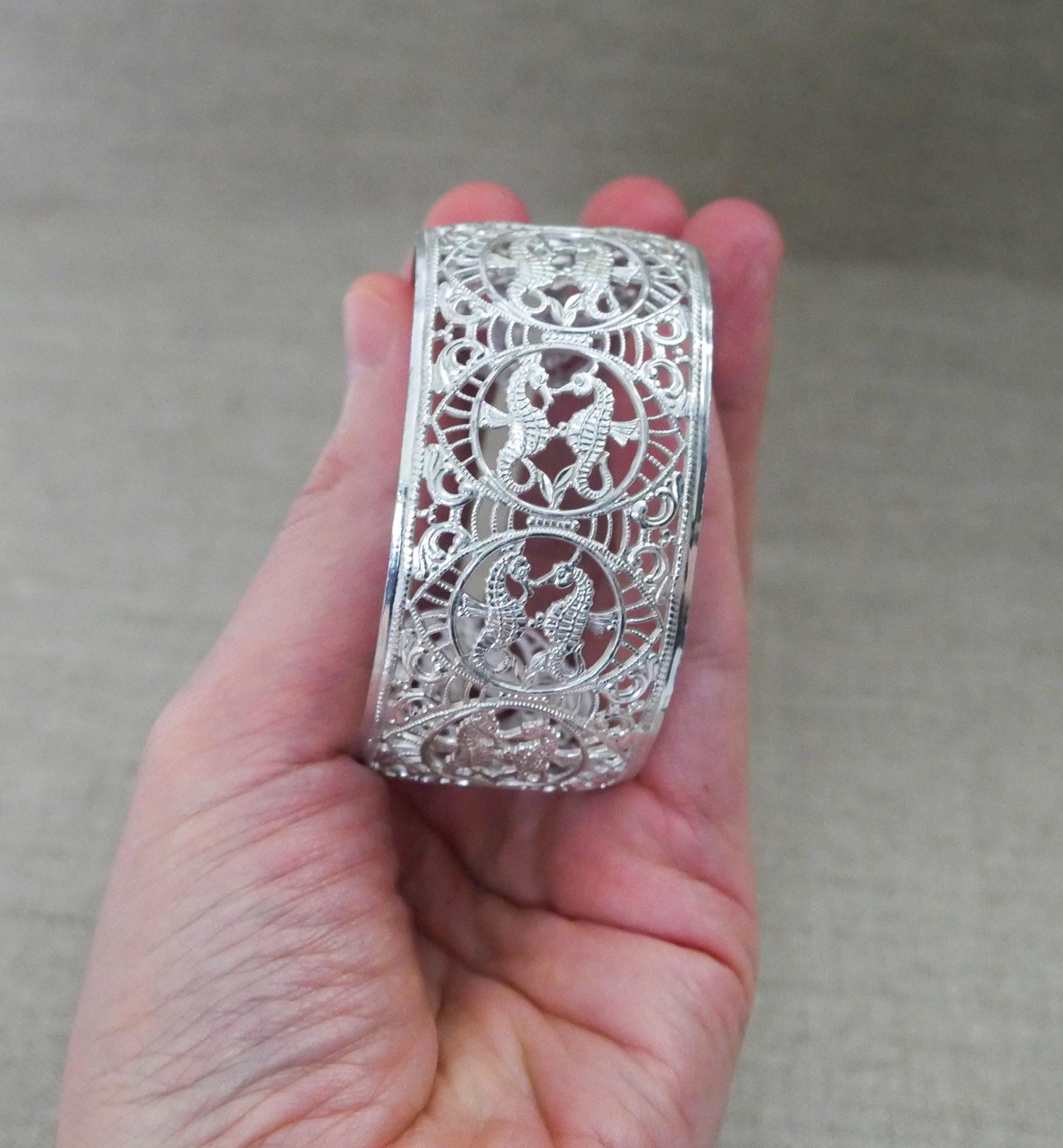 Vintage West Germany Eloxal Aluminum Cuff Bracelet - Silver Tone Seahorse Filigree Bangle