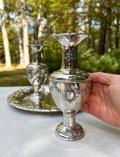 Vintage International Silver Co. Silver Plated Bud Vases Set w/ Serving Tray