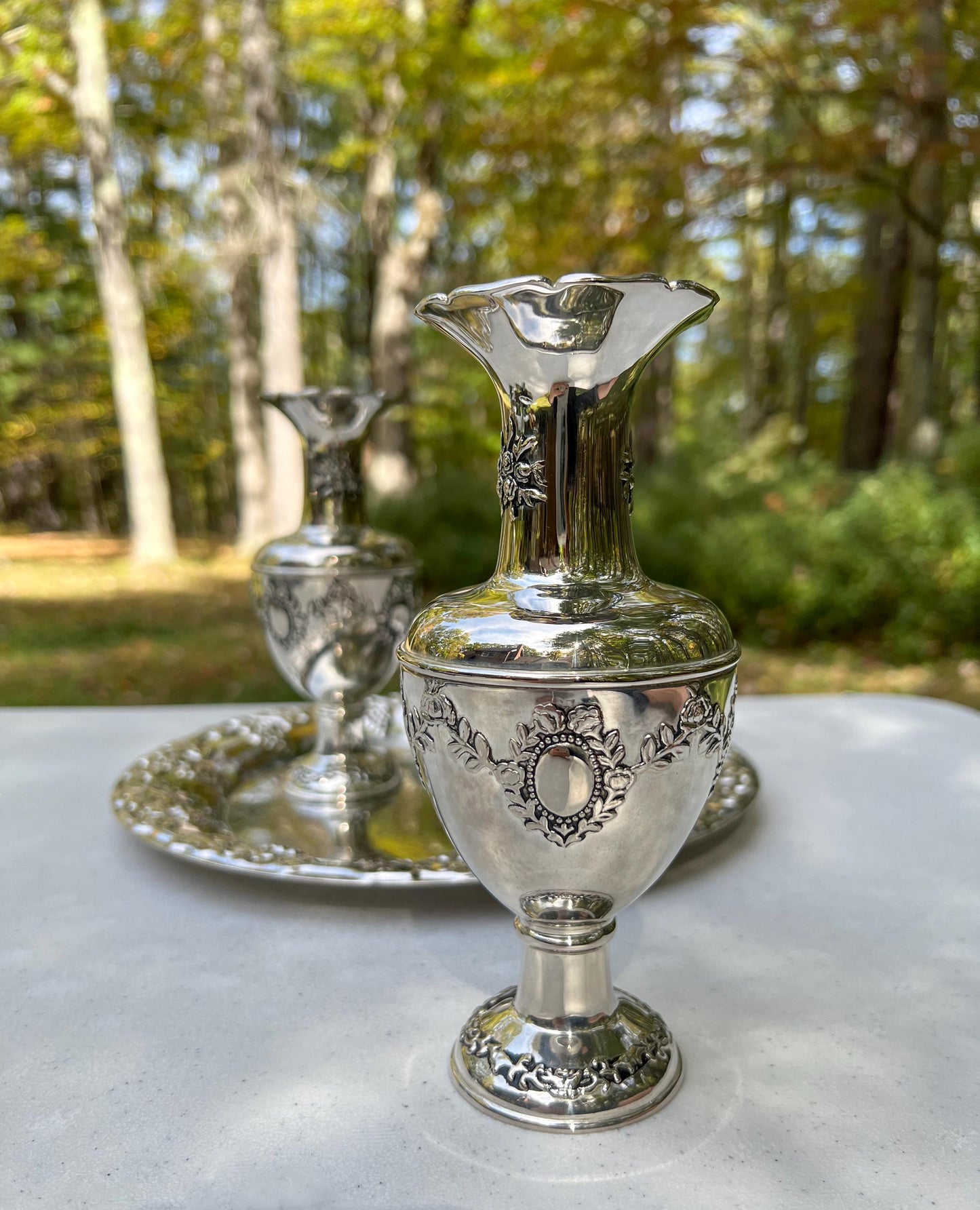Vintage International Silver Co. Silver Plated Bud Vases Set w/ Serving Tray