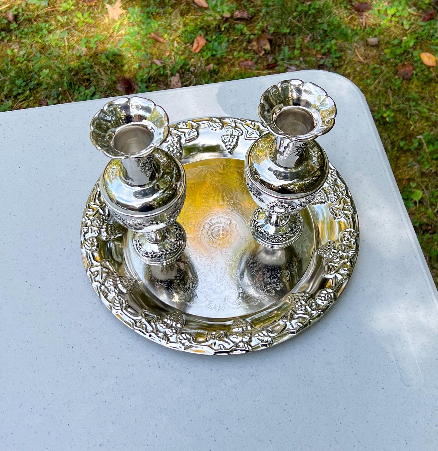 Vintage International Silver Co. Silver Plated Bud Vases Set w/ Serving Tray