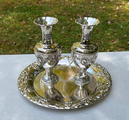 Vintage International Silver Co. Silver Plated Bud Vases Set w/ Serving Tray