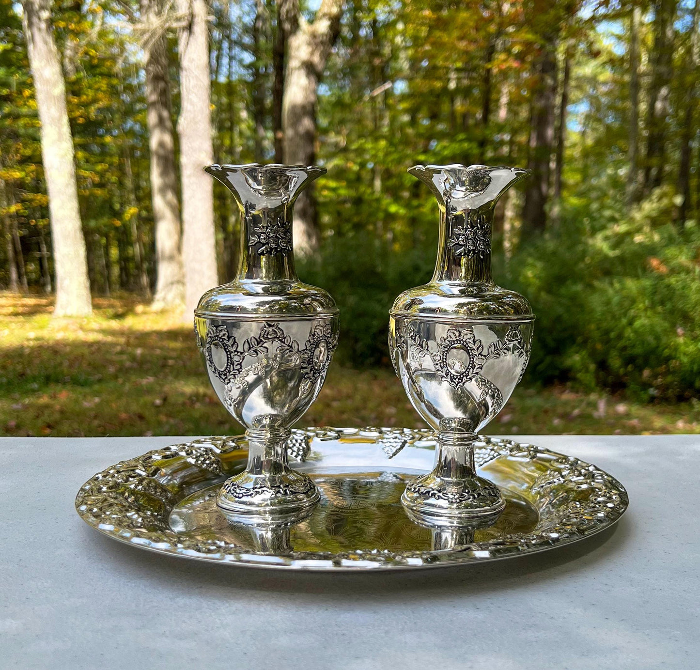 Vintage International Silver Co. Silver Plated Bud Vases Set w/ Serving Tray