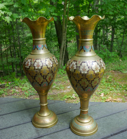 Vintage Pair of Large Etched Brass Vases 23.5" Tall | Hand Painted India Floor Vases