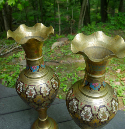 Vintage Pair of Large Etched Brass Vases 23.5" Tall | Hand Painted India Floor Vases