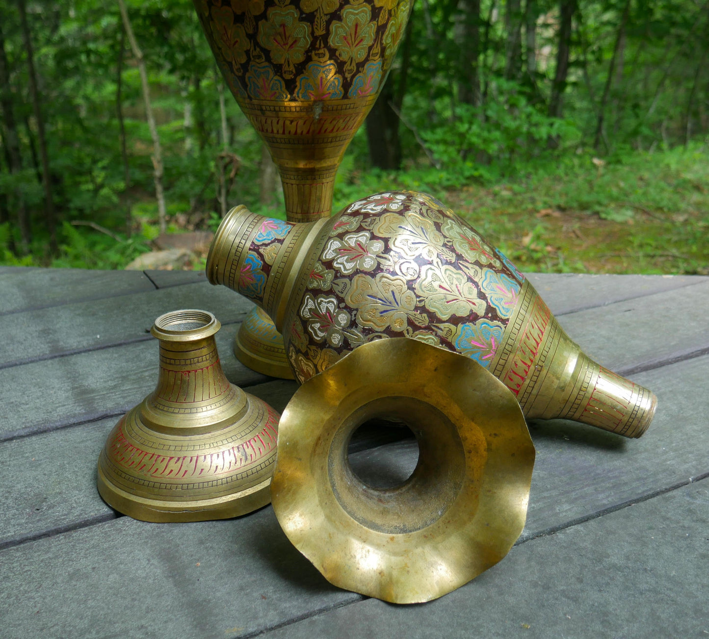 Vintage Pair of Large Etched Brass Vases 23.5" Tall | Hand Painted India Floor Vases