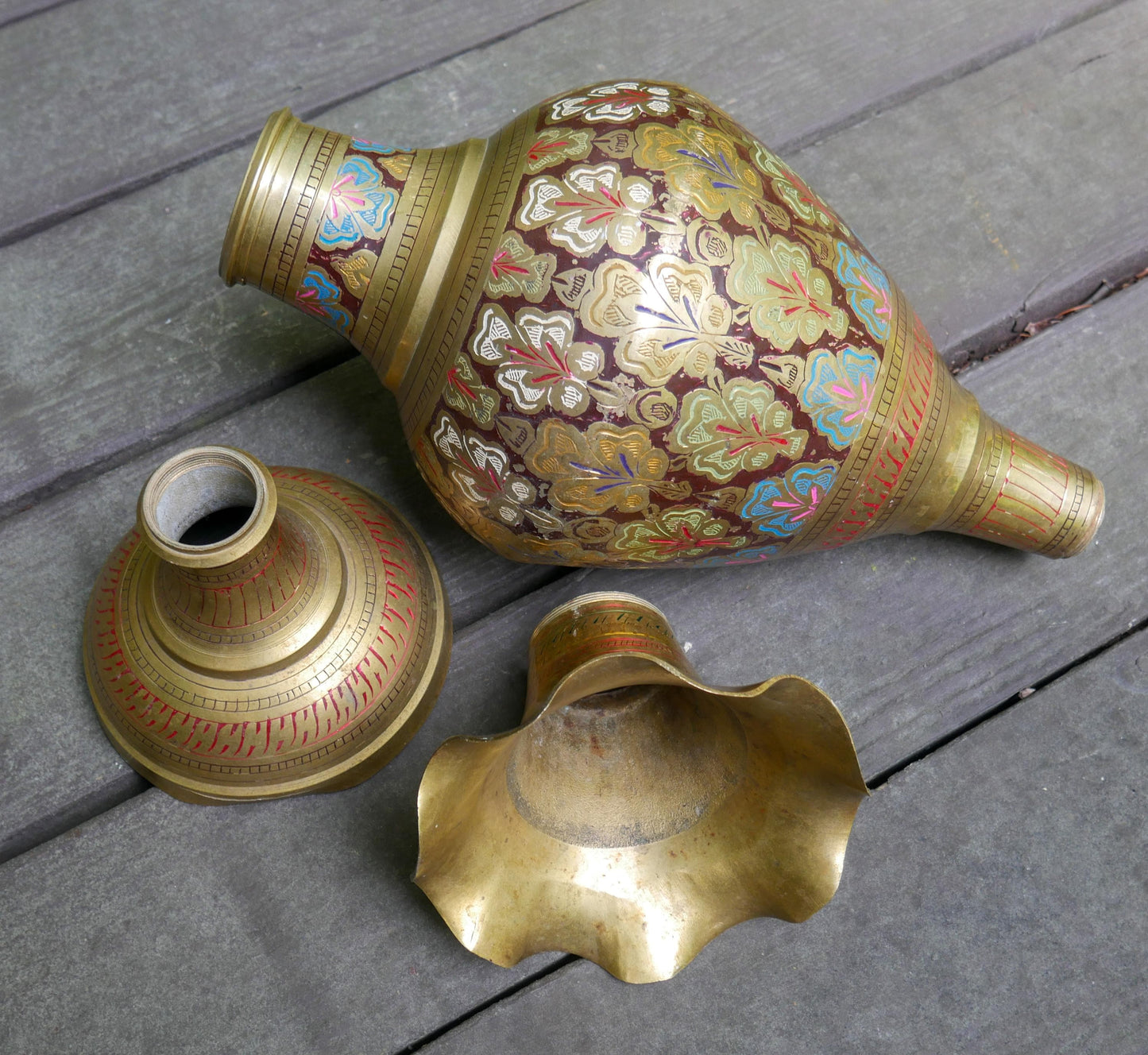 Vintage Pair of Large Etched Brass Vases 23.5" Tall | Hand Painted India Floor Vases