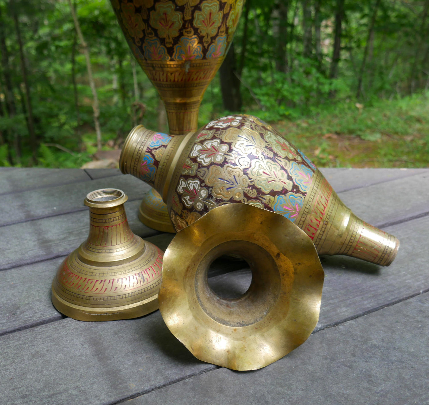 Vintage Pair of Large Etched Brass Vases 23.5" Tall | Hand Painted India Floor Vases
