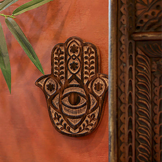 Hand Carved Wooden Hamsa Wall Hanging | Hamsa Hand with Evil Eye | Protection Symbol