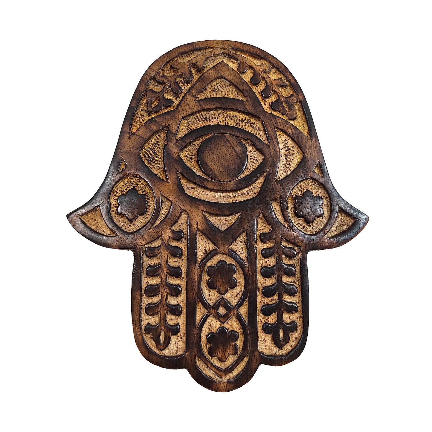 Hand Carved Wooden Hamsa Wall Hanging | Hamsa Hand with Evil Eye | Protection Symbol