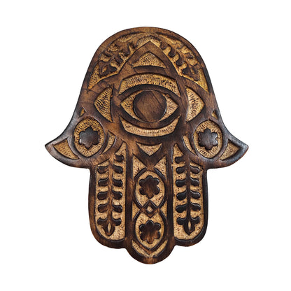 Hand Carved Wooden Hamsa Wall Hanging | Hamsa Hand with Evil Eye | Protection Symbol