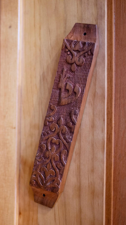 Hand Carved Wooden Mezuzah Case | Rosewood Mezuzah | Jewish Home Blessing Decor