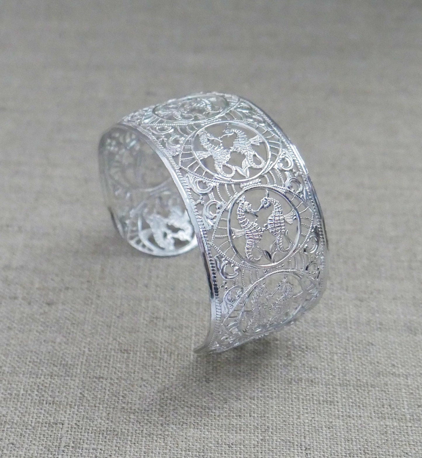 Vintage West Germany Eloxal Aluminum Cuff Bracelet - Silver Tone Seahorse Filigree Bangle