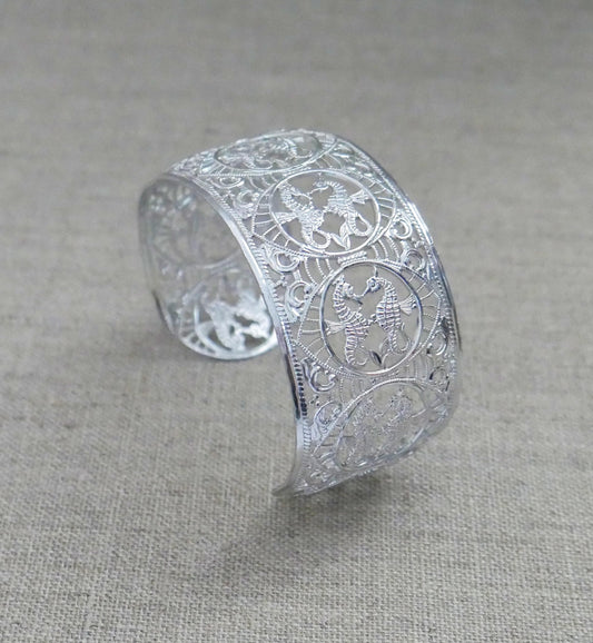 Vintage West Germany Eloxal Aluminum Cuff Bracelet - Silver Tone Seahorse Filigree Bangle