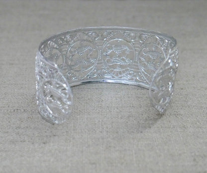 Vintage West Germany Eloxal Aluminum Cuff Bracelet - Silver Tone Seahorse Filigree Bangle