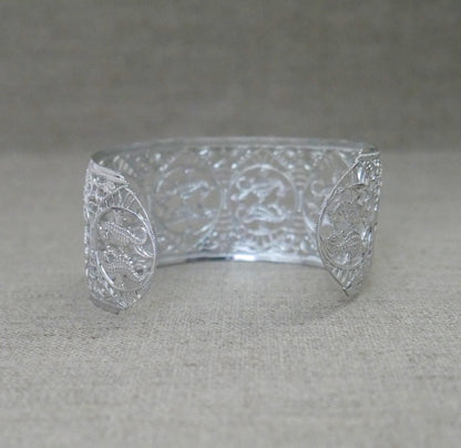 Vintage West Germany Eloxal Aluminum Cuff Bracelet - Silver Tone Seahorse Filigree Bangle