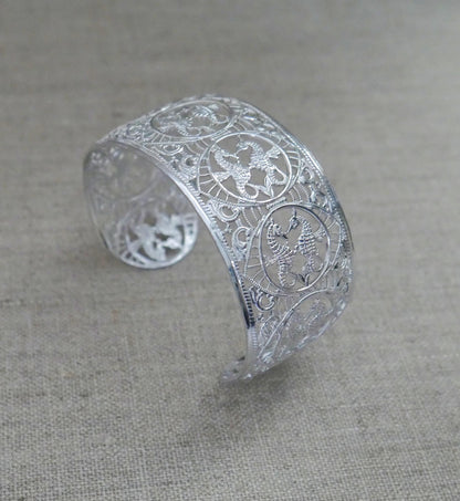 Vintage West Germany Eloxal Aluminum Cuff Bracelet - Silver Tone Seahorse Filigree Bangle