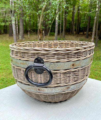 Vintage Pottery Barn Oversized Woven Rattan Wicker Boho Chic Rustic Metal Bands