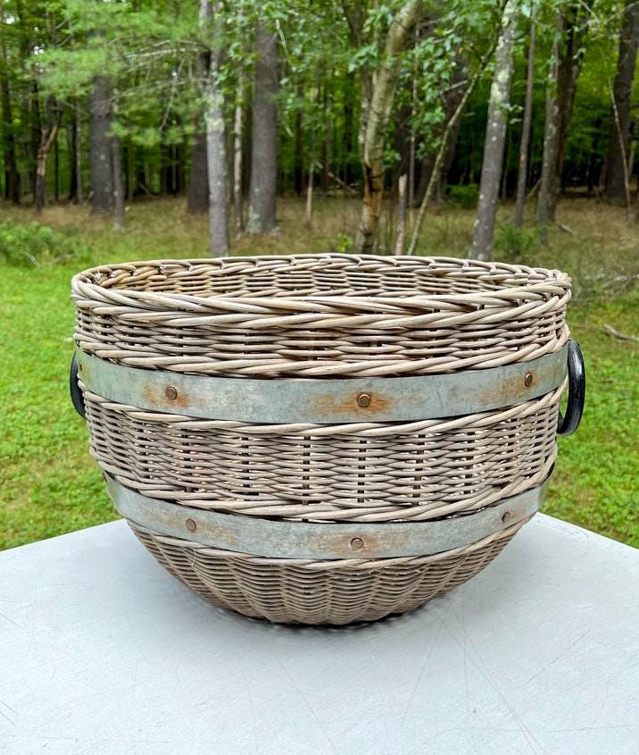 Vintage Pottery Barn Oversized Woven Rattan Wicker Boho Chic Rustic Metal Bands