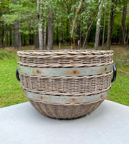 Vintage Pottery Barn Oversized Woven Rattan Wicker Boho Chic Rustic Metal Bands