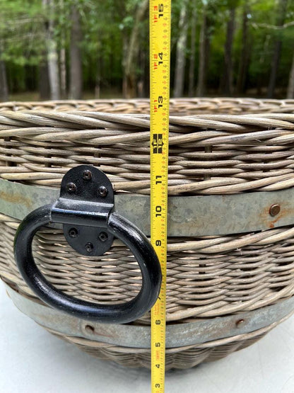 Vintage Pottery Barn Oversized Woven Rattan Wicker Boho Chic Rustic Metal Bands
