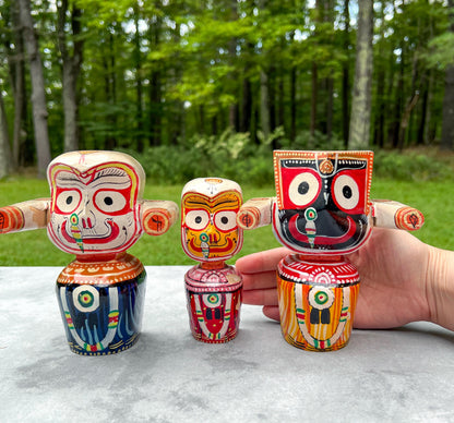 6" Vintage Neem Wood Jagannath Baldev Subhadra Deities with Handmade Dresses Jewelry