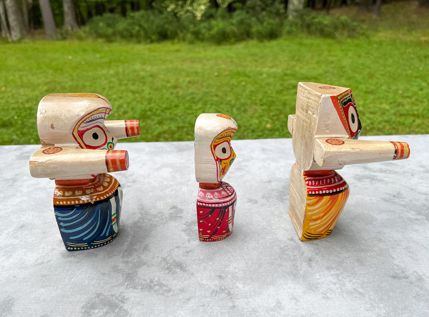 6" Vintage Neem Wood Jagannath Baldev Subhadra Deities with Handmade Dresses Jewelry