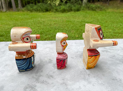 6" Vintage Neem Wood Jagannath Baldev Subhadra Deities with Handmade Dresses Jewelry