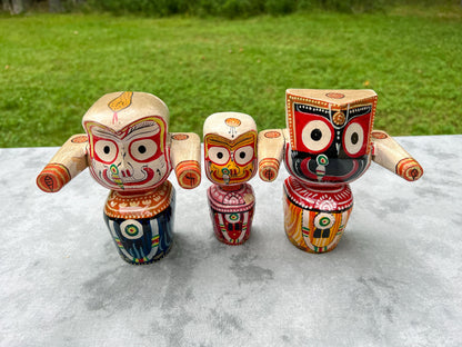 6" Vintage Neem Wood Jagannath Baldev Subhadra Deities with Handmade Dresses Jewelry