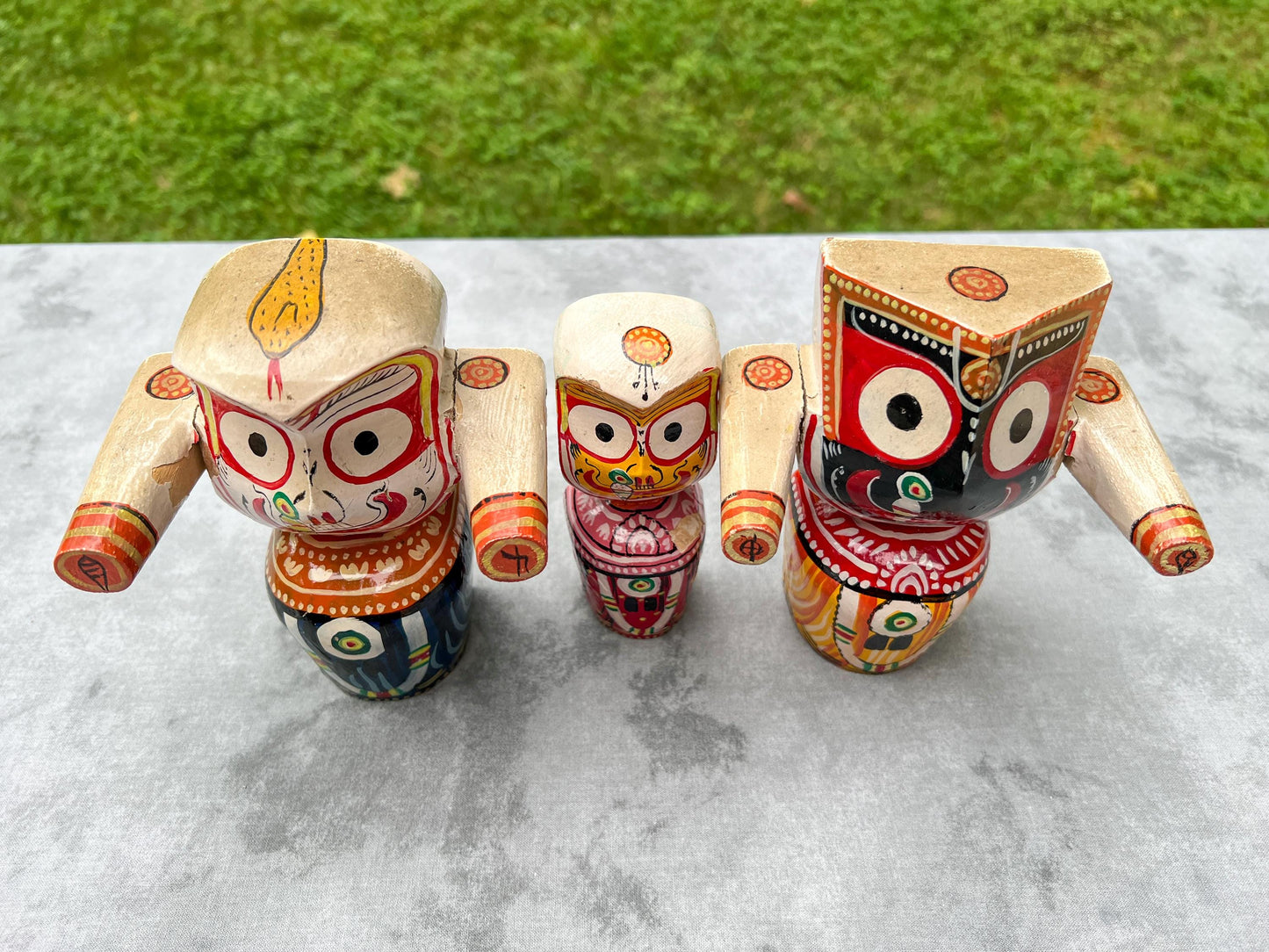 6" Vintage Neem Wood Jagannath Baldev Subhadra Deities with Handmade Dresses Jewelry
