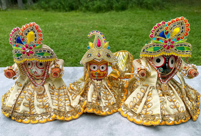 6" Vintage Neem Wood Jagannath Baldev Subhadra Deities with Handmade Dresses Jewelry