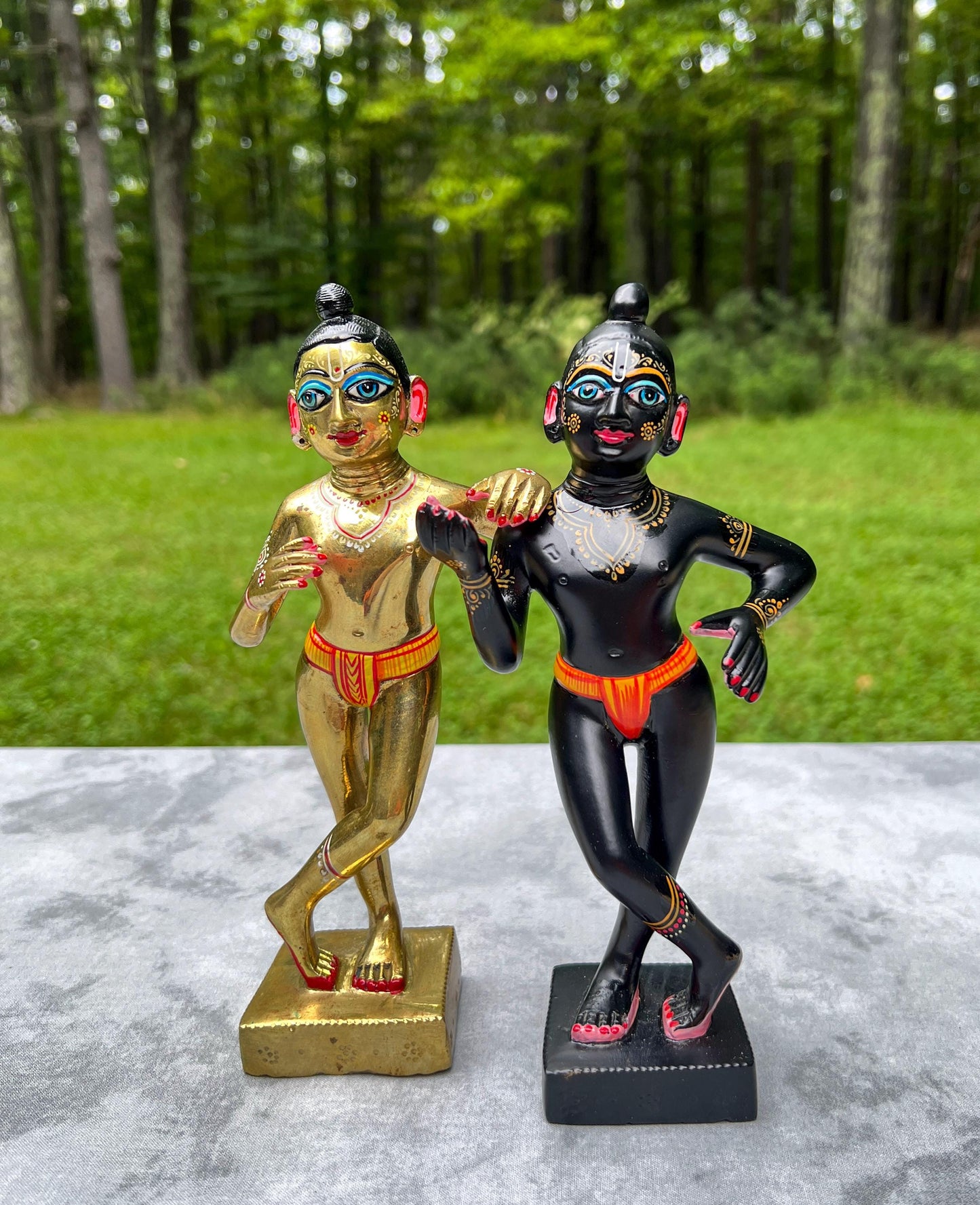 8.5" Vintage Brass Hand-painted Krishna Balaram Deities Complete Dresses Jewelry