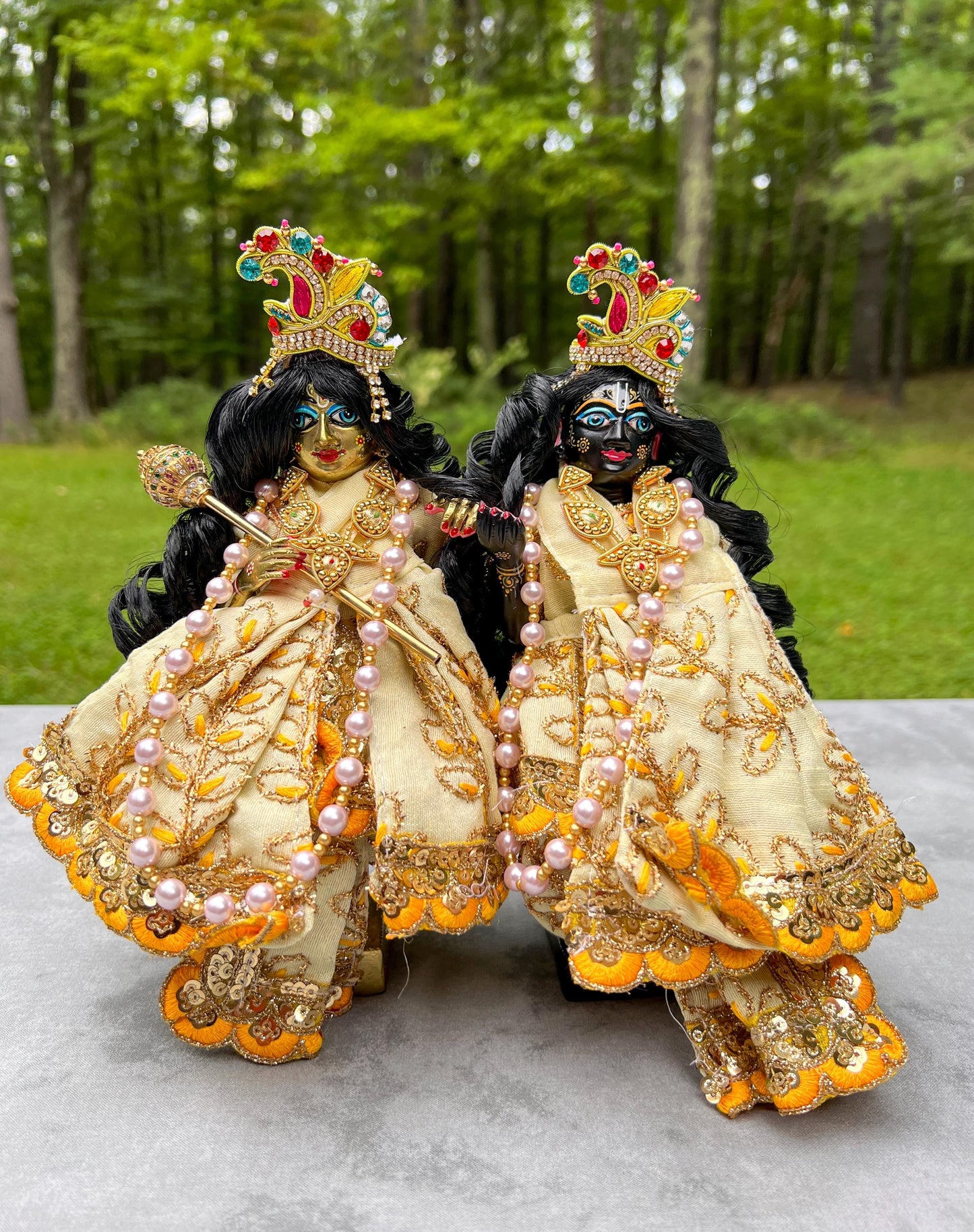 8.5" Vintage Brass Hand-painted Krishna Balaram Deities Complete Dresses Jewelry