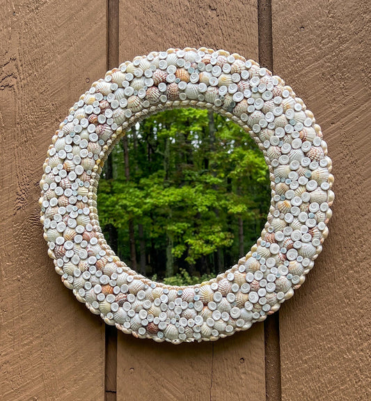 Vintage Round Seashell Mirror 16" Handcrafted Nautical Coastal Beach House Decor