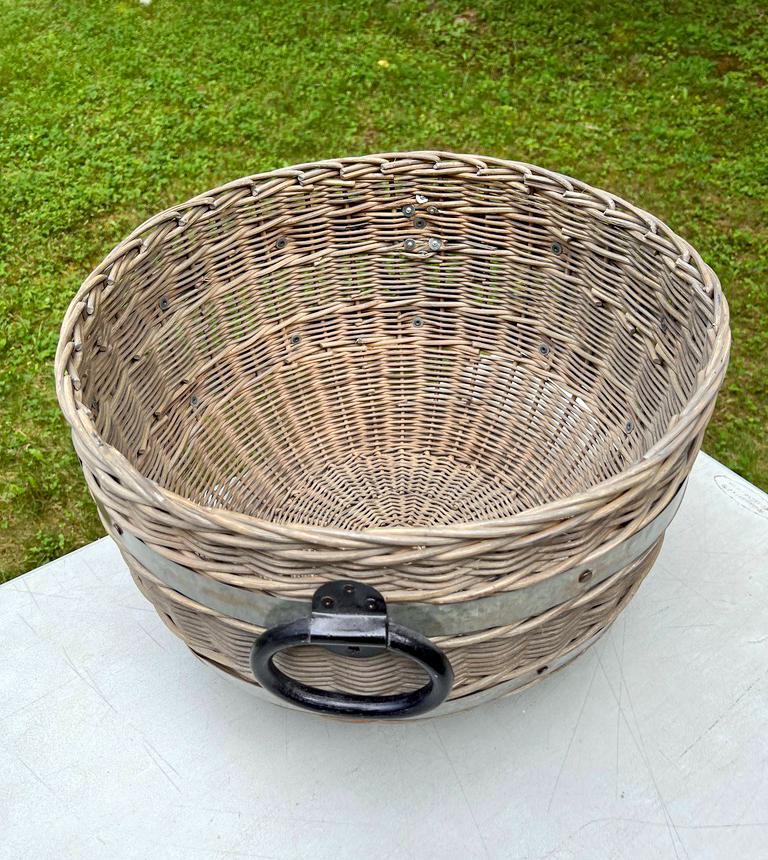 Vintage Pottery Barn Oversized Woven Rattan Wicker Boho Chic Rustic Metal Bands