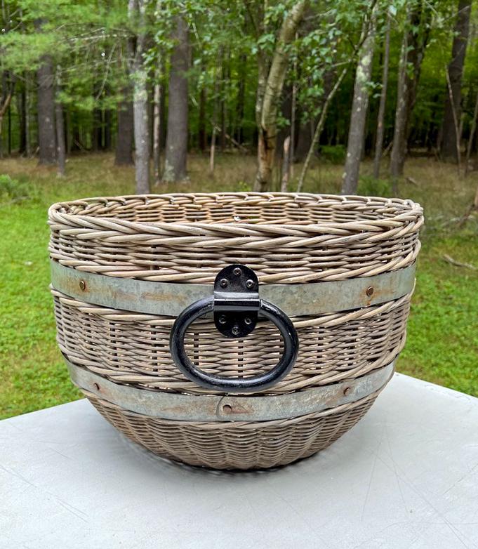 Vintage Pottery Barn Oversized Woven Rattan Wicker Boho Chic Rustic Metal Bands