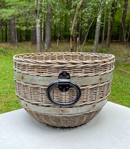 Vintage Pottery Barn Oversized Woven Rattan Wicker Boho Chic Rustic Metal Bands