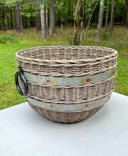 Vintage Pottery Barn Oversized Woven Rattan Wicker Boho Chic Rustic Metal Bands