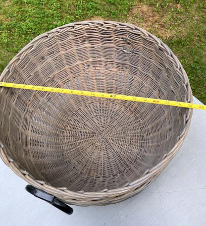Vintage Pottery Barn Oversized Woven Rattan Wicker Boho Chic Rustic Metal Bands
