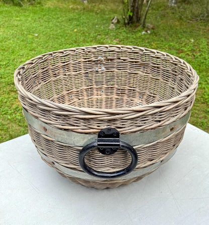 Vintage Pottery Barn Oversized Woven Rattan Wicker Boho Chic Rustic Metal Bands