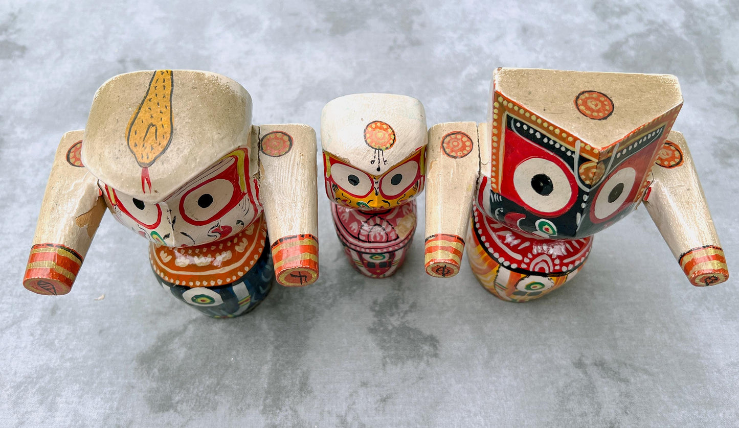 6" Vintage Neem Wood Jagannath Baldev Subhadra Deities with Handmade Dresses Jewelry