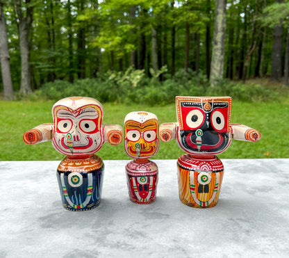6" Vintage Neem Wood Jagannath Baldev Subhadra Deities with Handmade Dresses Jewelry