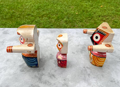 6" Vintage Neem Wood Jagannath Baldev Subhadra Deities with Handmade Dresses Jewelry