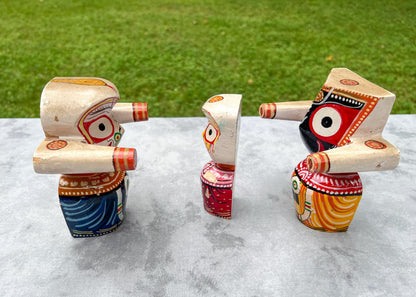 6" Vintage Neem Wood Jagannath Baldev Subhadra Deities with Handmade Dresses Jewelry