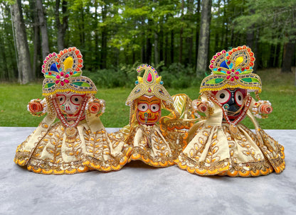 6" Vintage Neem Wood Jagannath Baldev Subhadra Deities with Handmade Dresses Jewelry