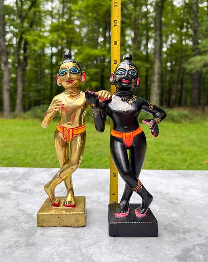 8.5" Vintage Brass Hand-painted Krishna Balaram Deities Complete Dresses Jewelry