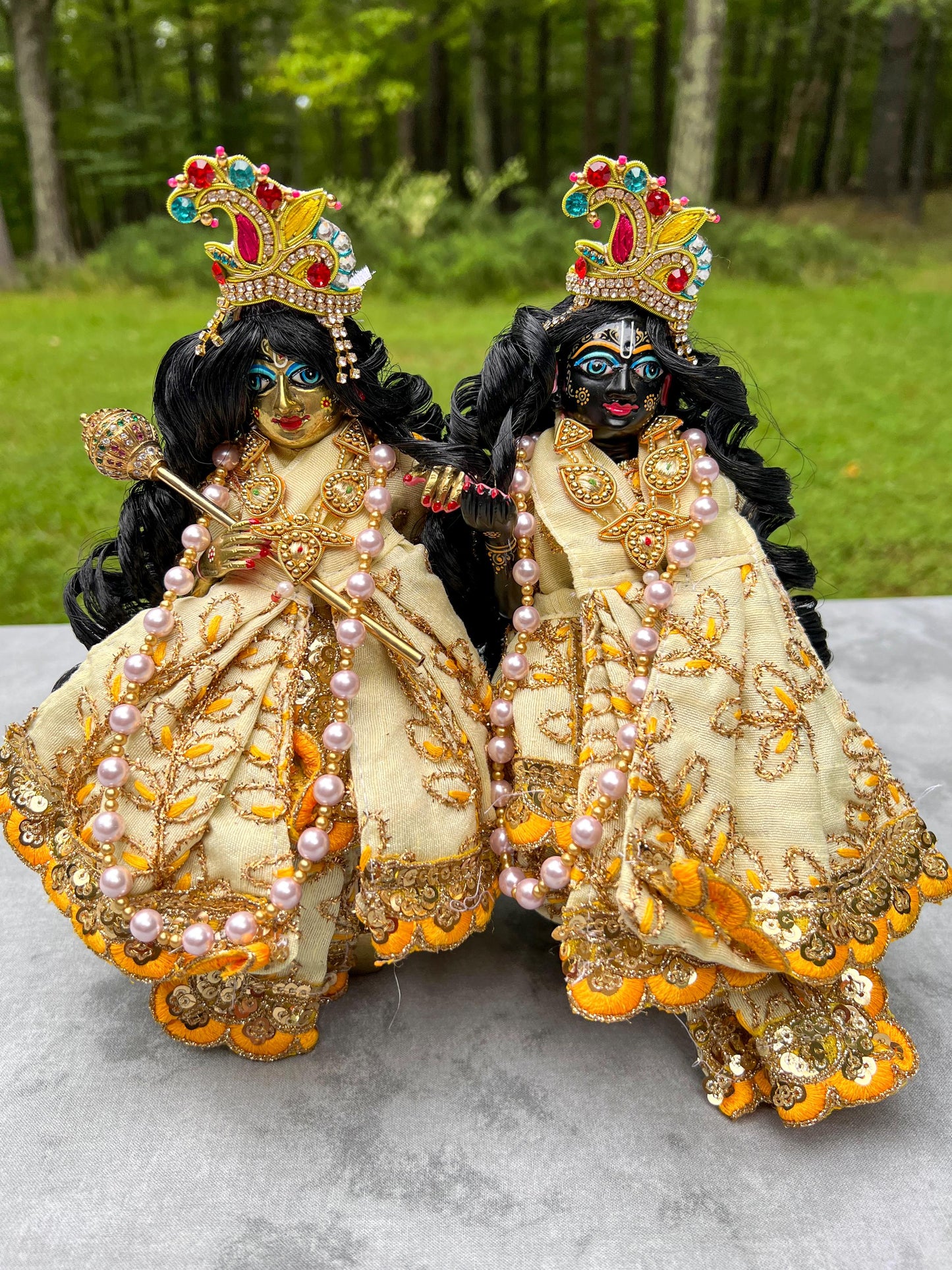 8.5" Vintage Brass Hand-painted Krishna Balaram Deities Complete Dresses Jewelry