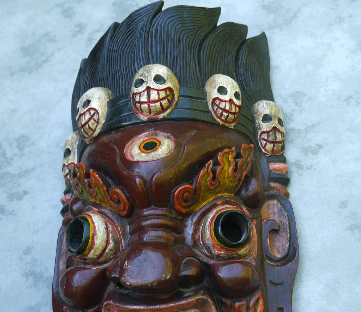 Vintage Large 25" Tibetan Mahakala Mask Hand Carved Wood | Wrathful Deity Wall Art