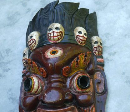 Vintage Large 25" Tibetan Mahakala Mask Hand Carved Wood | Wrathful Deity Wall Art